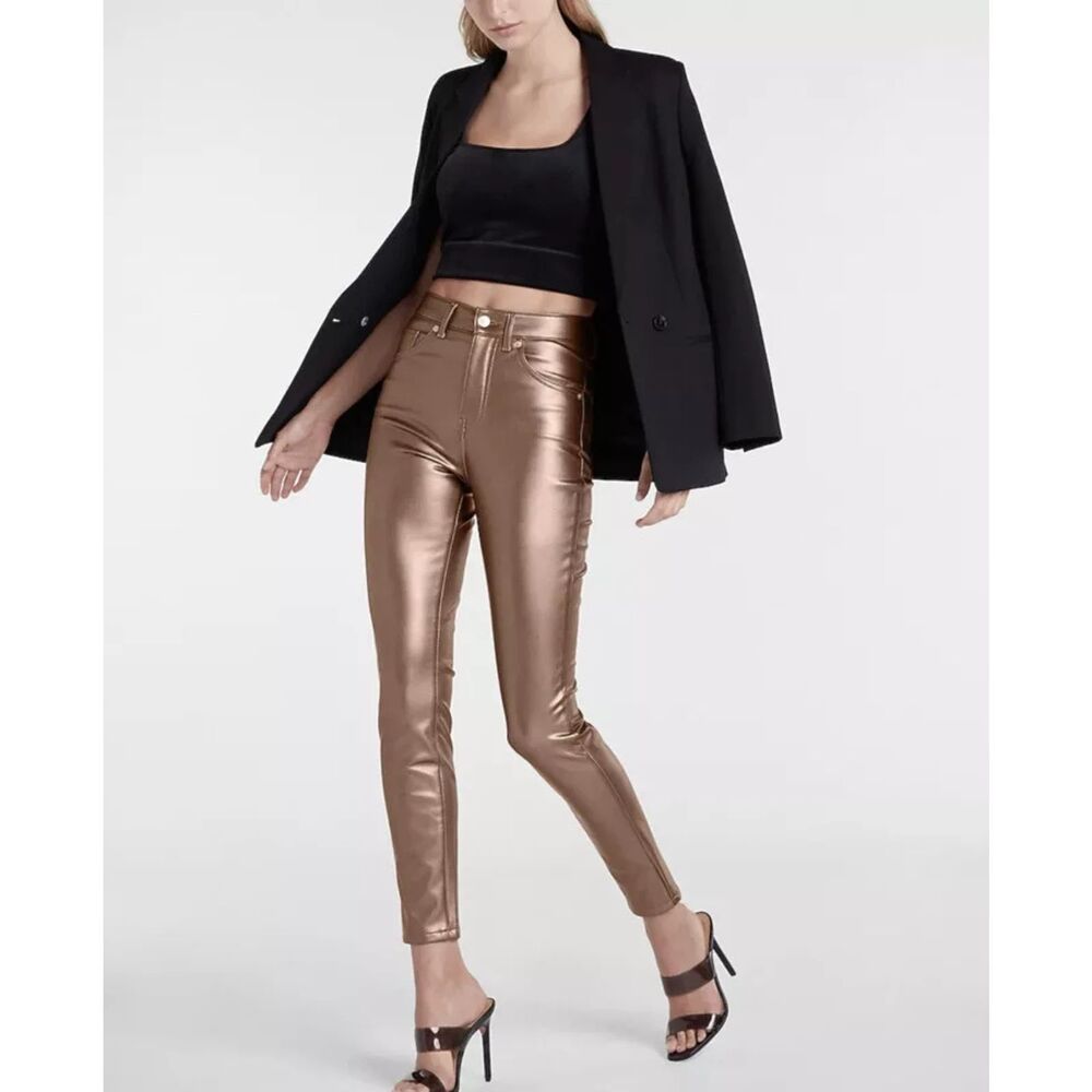 Express Jeans Metallic High Waisted Faux Leather Skinny Pants Sz 2R NWT $80 MSRP
